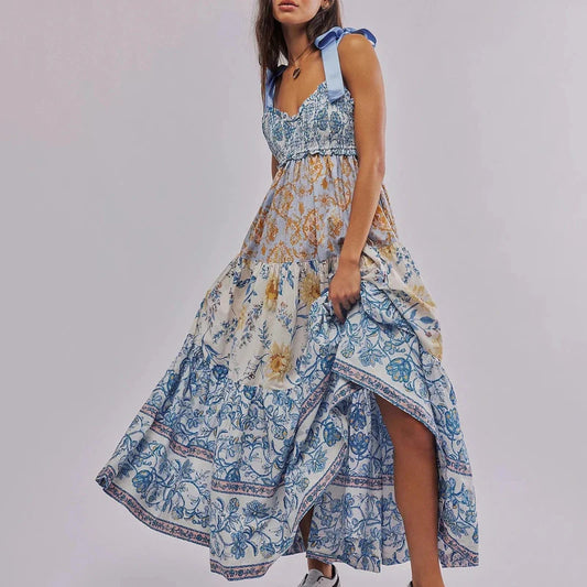 Vintage Floral Ribbon Tie Maxi Dress - Seldom Seen Styles