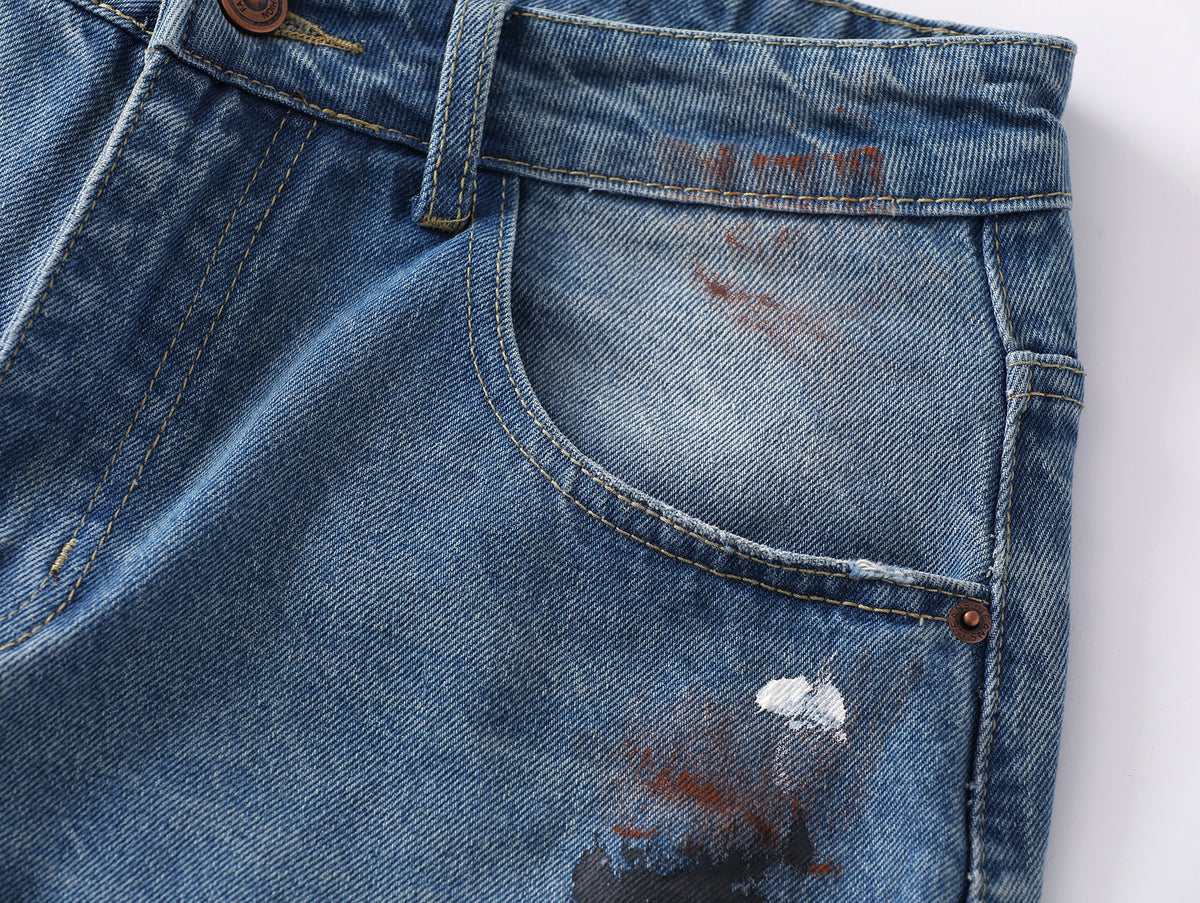 Vintage Washed Paint Splatter Distressed Curved Baggy Jeans - Seldom Seen Styles