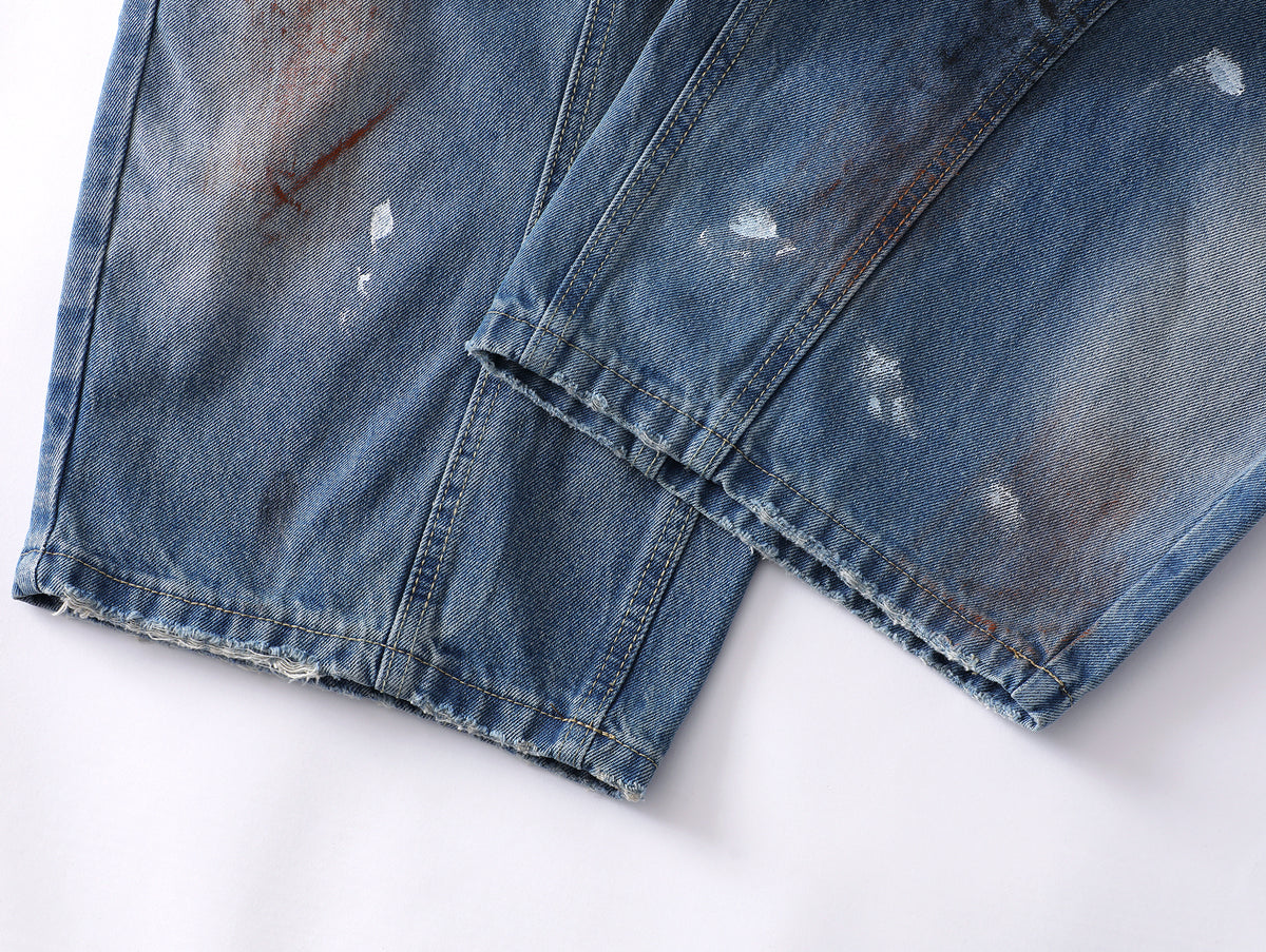 Vintage Washed Paint Splatter Distressed Curved Baggy Jeans - Seldom Seen Styles