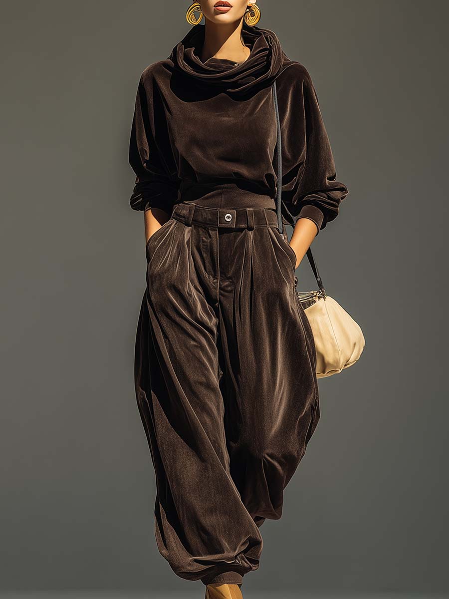 Vintage brown velvet hoodie and loose-fitting trousers set（Includes belt） - Seldom Seen Styles