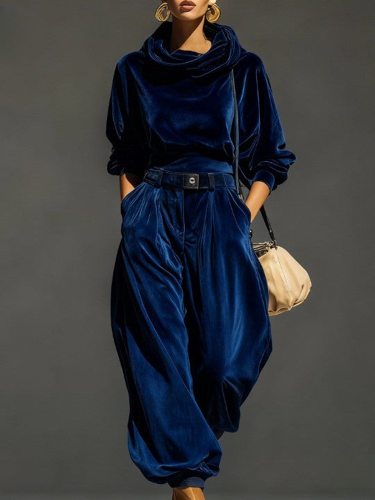 Vintage brown velvet hoodie and loose-fitting trousers set（Includes belt） - Seldom Seen Styles
