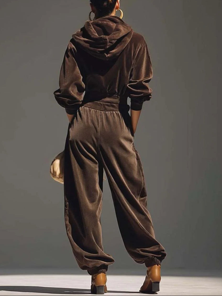 Vintage brown velvet hoodie and loose-fitting trousers set（Includes belt） - Seldom Seen Styles