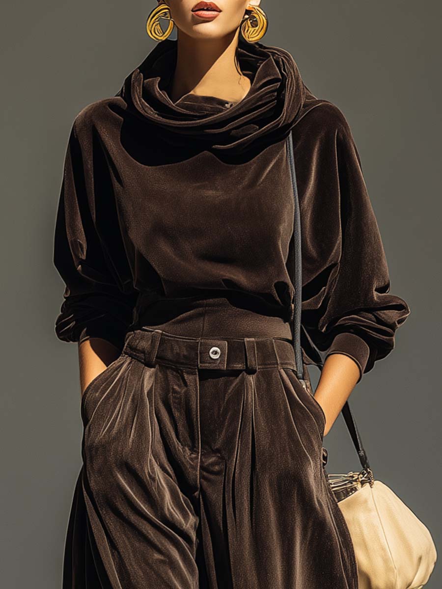 Vintage brown velvet hoodie and loose-fitting trousers set（Includes belt） - Seldom Seen Styles