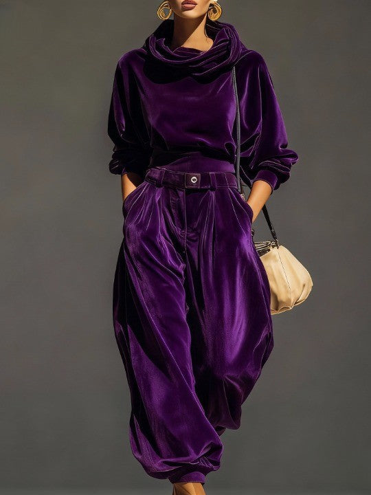 Vintage brown velvet hoodie and loose-fitting trousers set（Includes belt） - Seldom Seen Styles