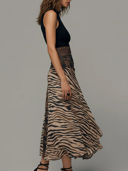 Vintage Zebra Print Patchwork Sleeveless Midi Dress