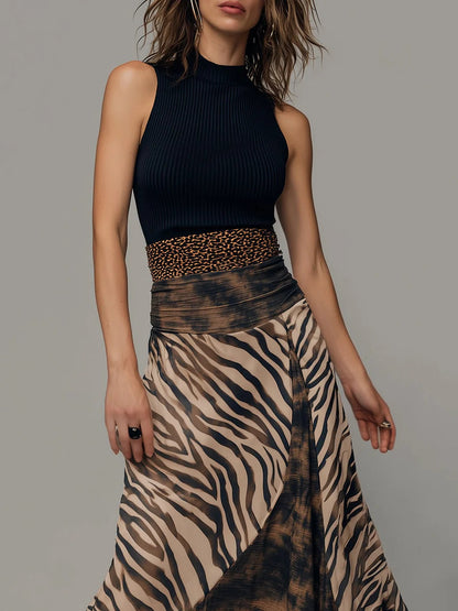 Vintage Zebra Print Patchwork Sleeveless Midi Dress