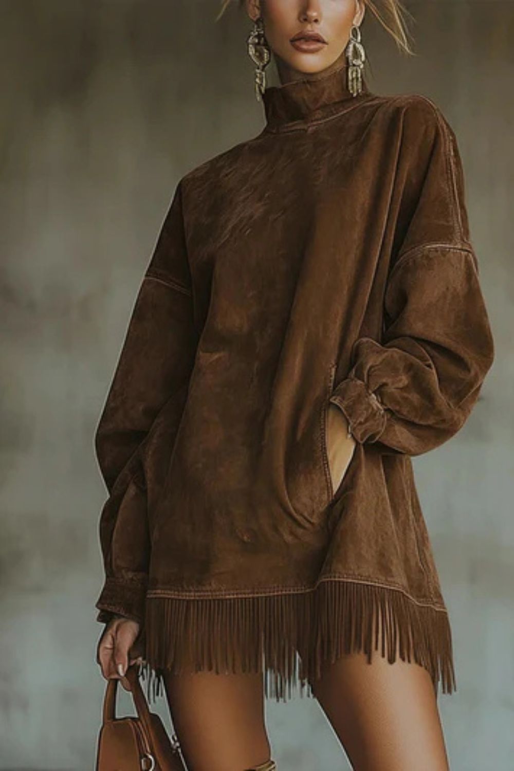 Viretta – Suede fringe detail – Turtleneck mini dress - Seldom Seen Styles