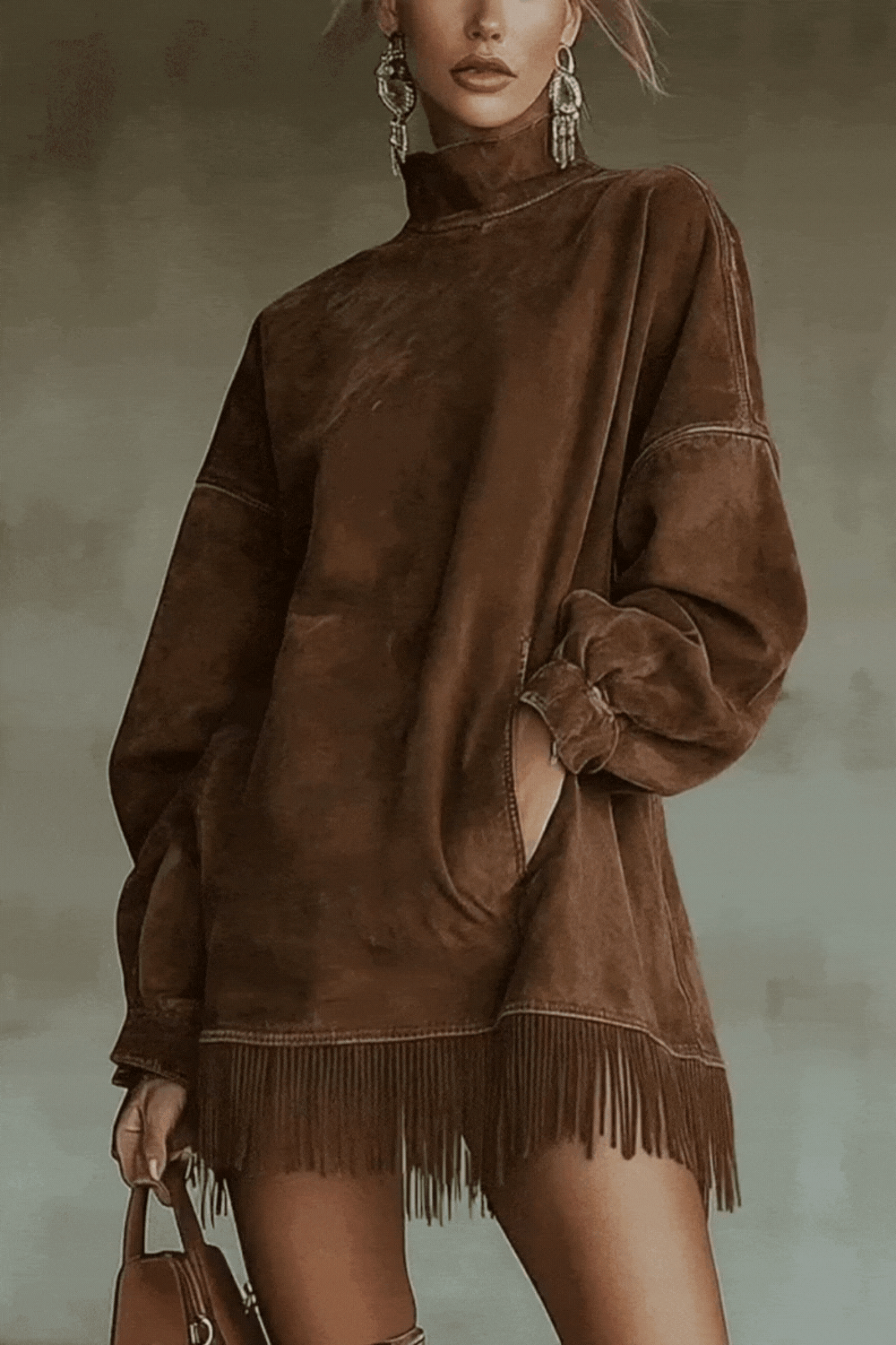 Viretta – Suede fringe detail – Turtleneck mini dress - Seldom Seen Styles
