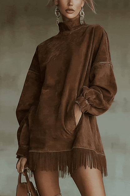 Viretta – Suede fringe detail – Turtleneck mini dress