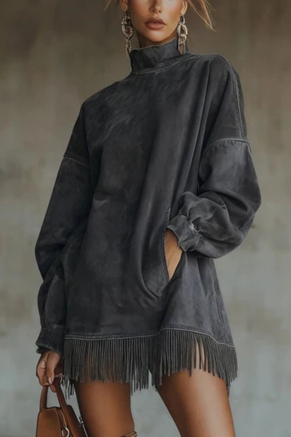 Viretta – Suede fringe detail – Turtleneck mini dress - Seldom Seen Styles