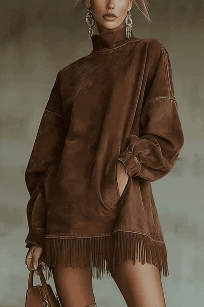 Viretta – Suede fringe detail – Turtleneck mini dress