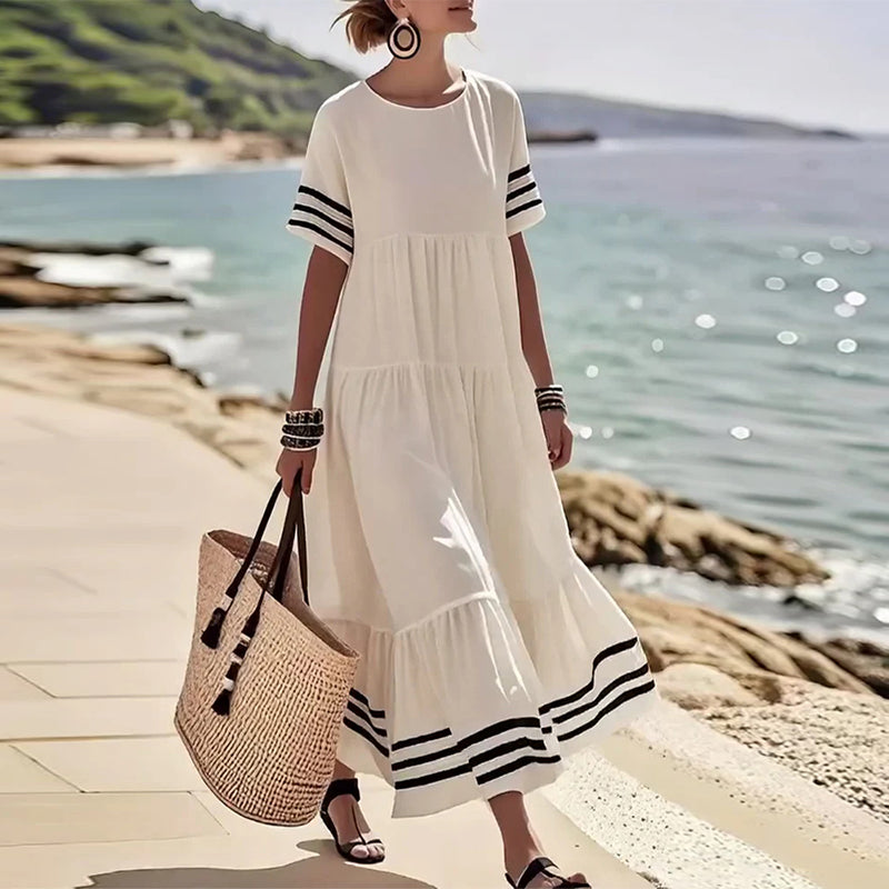 Summer Crew Neck Black Striped Loose A Line Sundress for Women with Short Sleeves Flowy Beach Patchwork Maxi Dresses - Seldom Seen Styles