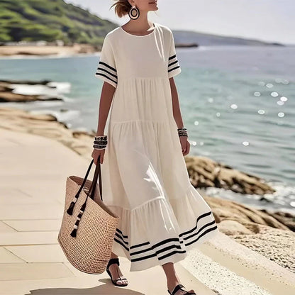 Robe d'été ample à col ras du cou et rayures noires pour femme, coupe trapèze, manches courtes, style plage fluide et patchwork