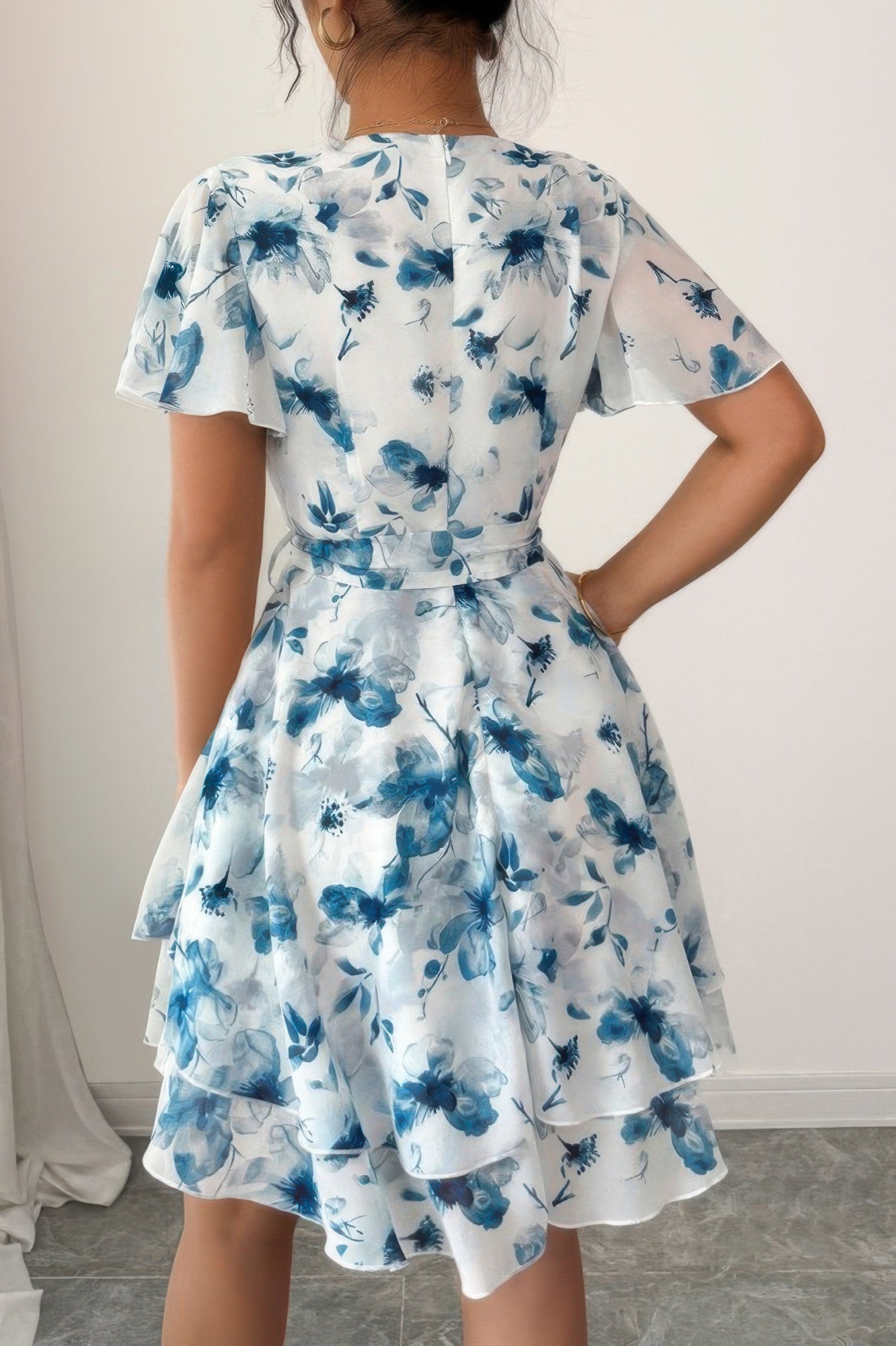 Floral V Neck Ruffle Sleeve Tie Belt Dress - Seldom Seen Styles