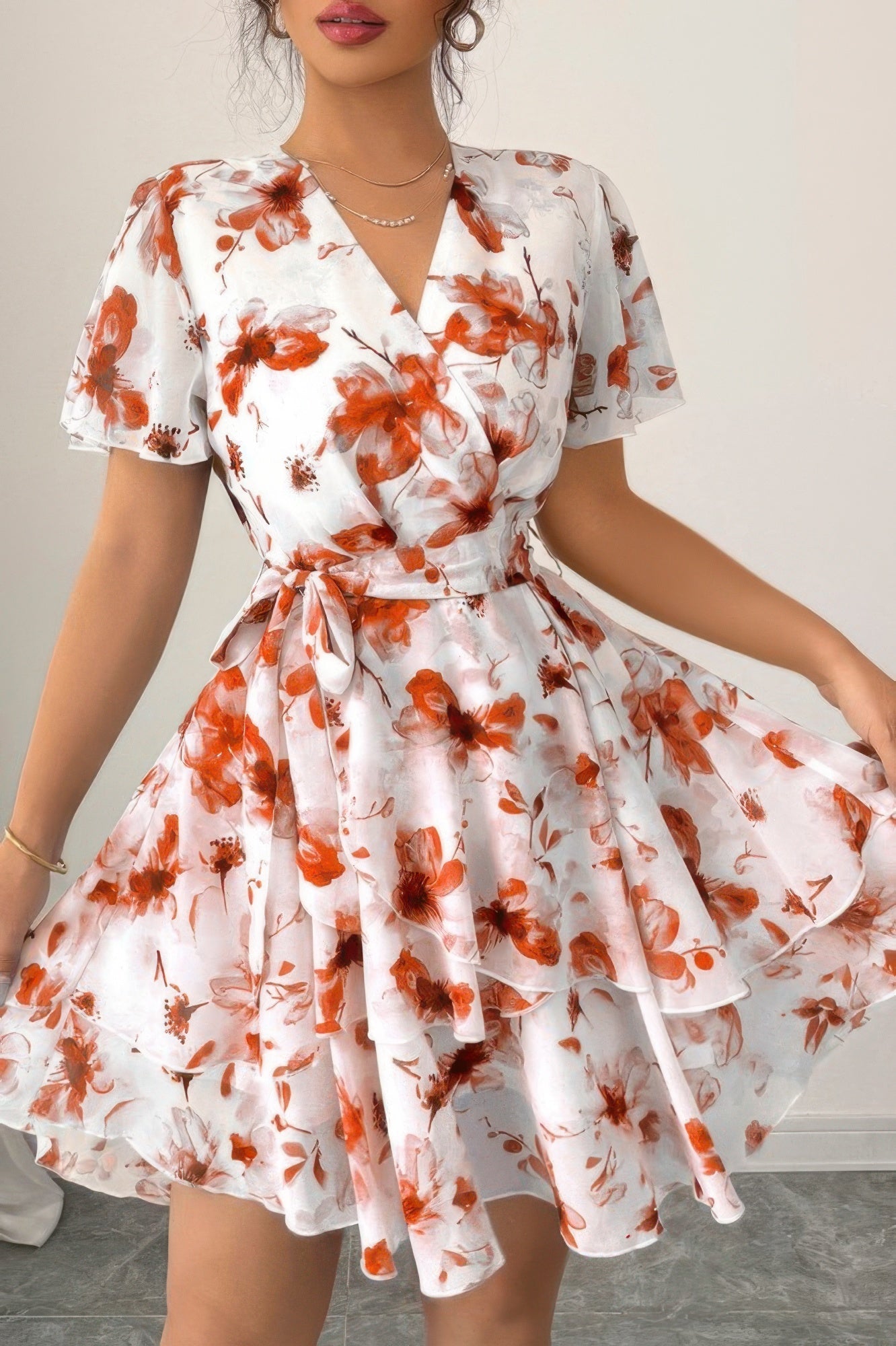 Floral V Neck Ruffle Sleeve Tie Belt Dress - Seldom Seen Styles