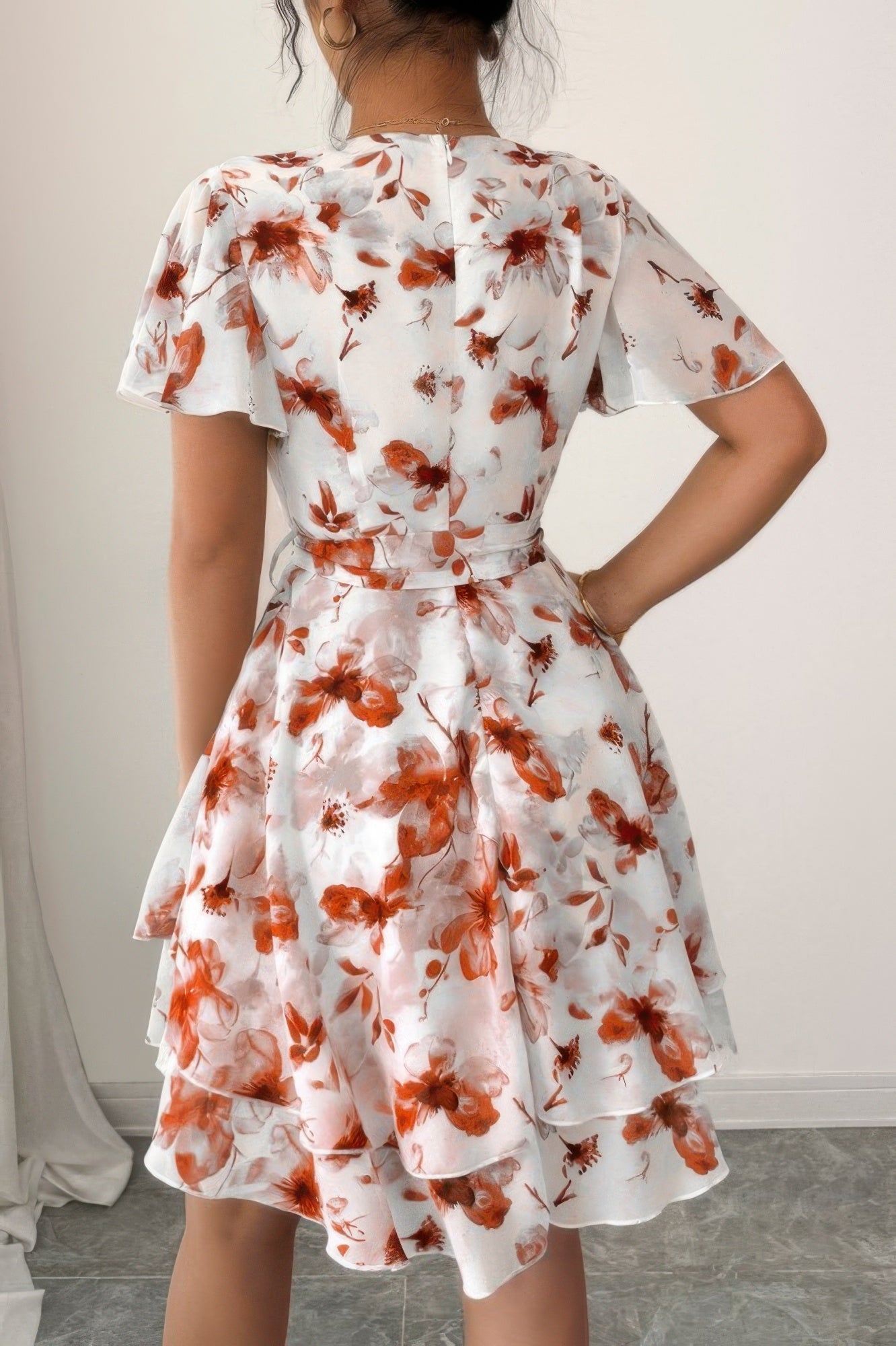Floral V Neck Ruffle Sleeve Tie Belt Dress - Seldom Seen Styles