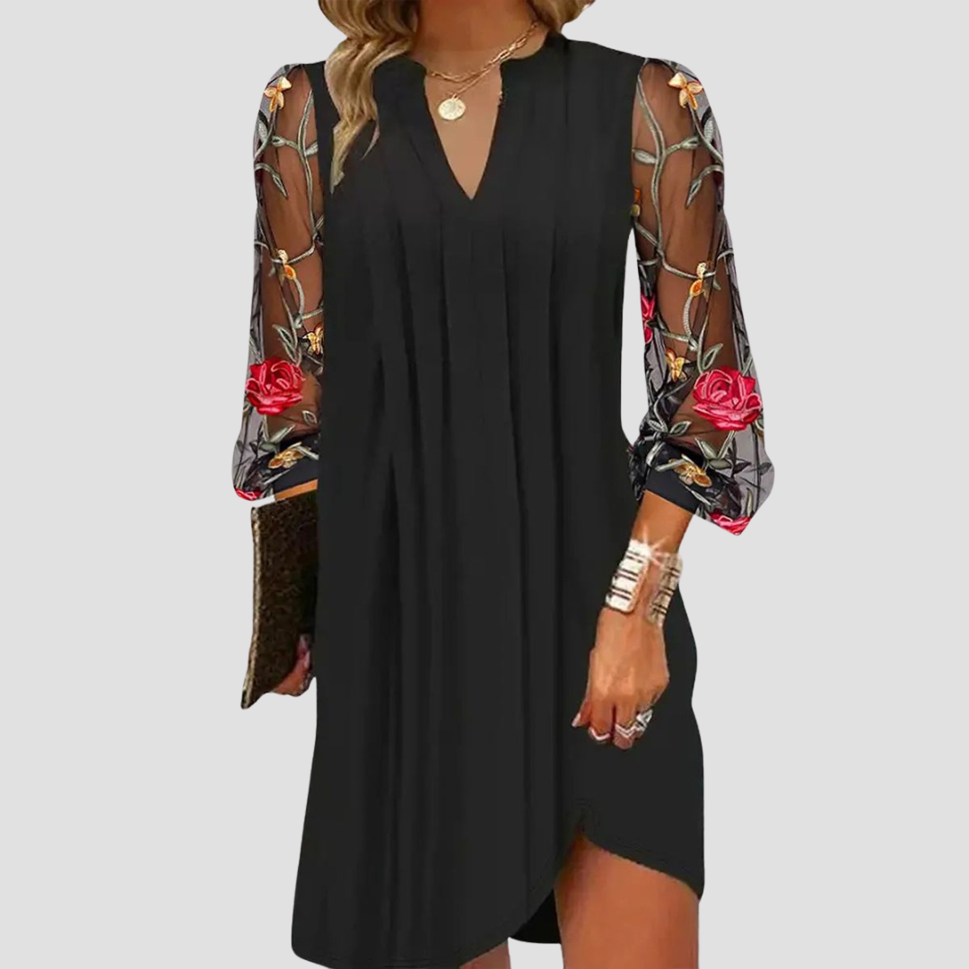 Wedding Guest Floral Dress Long Sheer Mesh Sleeve V Neck MIdi Length Round Collar Shirred Summer Lace Dresses - Seldom Seen Styles