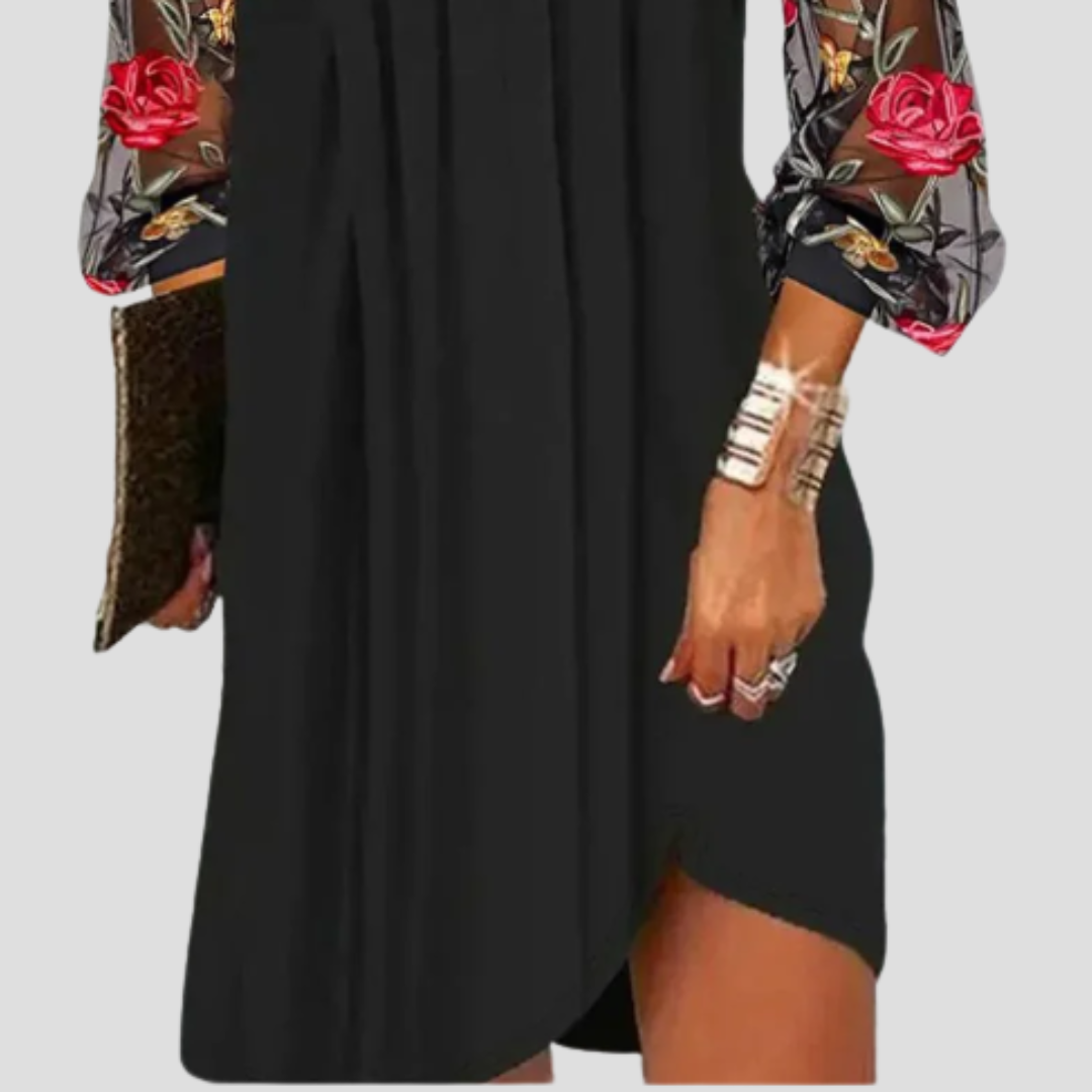 Wedding Guest Floral Dress Long Sheer Mesh Sleeve V Neck MIdi Length Round Collar Shirred Summer Lace Dresses - Seldom Seen Styles