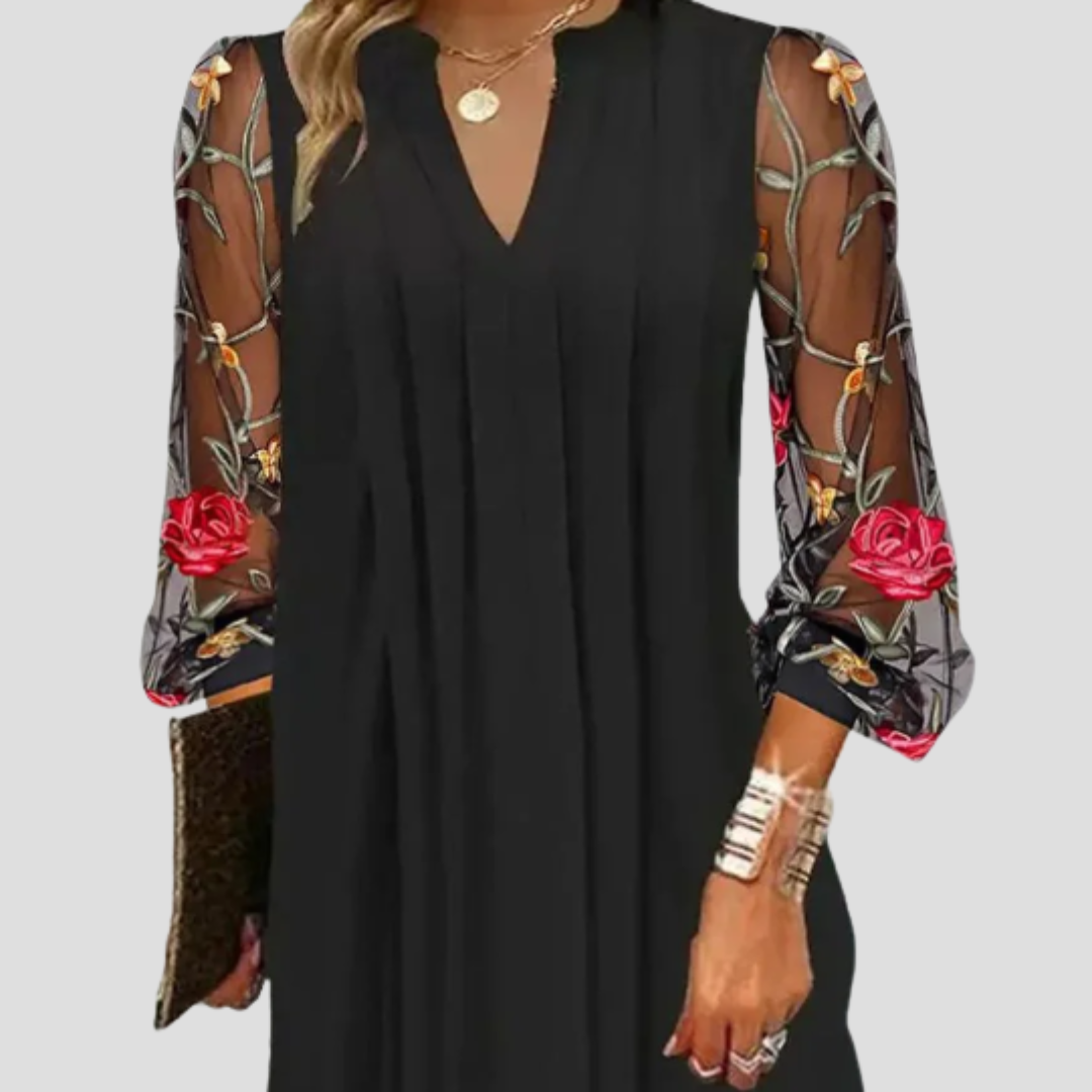 Wedding Guest Floral Dress Long Sheer Mesh Sleeve V Neck MIdi Length Round Collar Shirred Summer Lace Dresses - Seldom Seen Styles