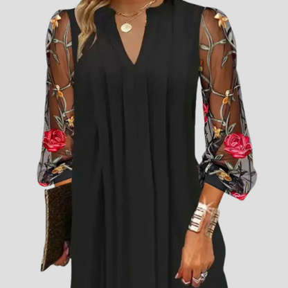 Wedding Guest Floral Dress Long Sheer Mesh Sleeve V Neck MIdi Length Round Collar Shirred Summer Lace Dresses