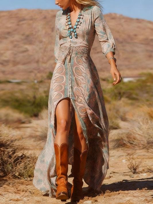 Western Style Boho Print Slit Maxi Dress - Seldom Seen Styles