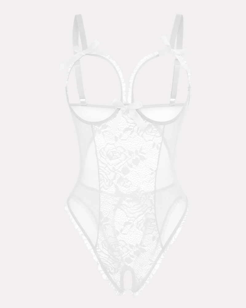 White crotchless lace mini bodysuit with sheer mesh cups and bow-tied shoulder straps