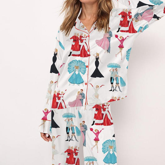 White Christmas Satin Pajama Set For Women Print Comfy Satin Sleepwear & Loungewear Pjs Printing Short Sleeve Top & Shorts - SHESHOW - Seldom Seen Styles