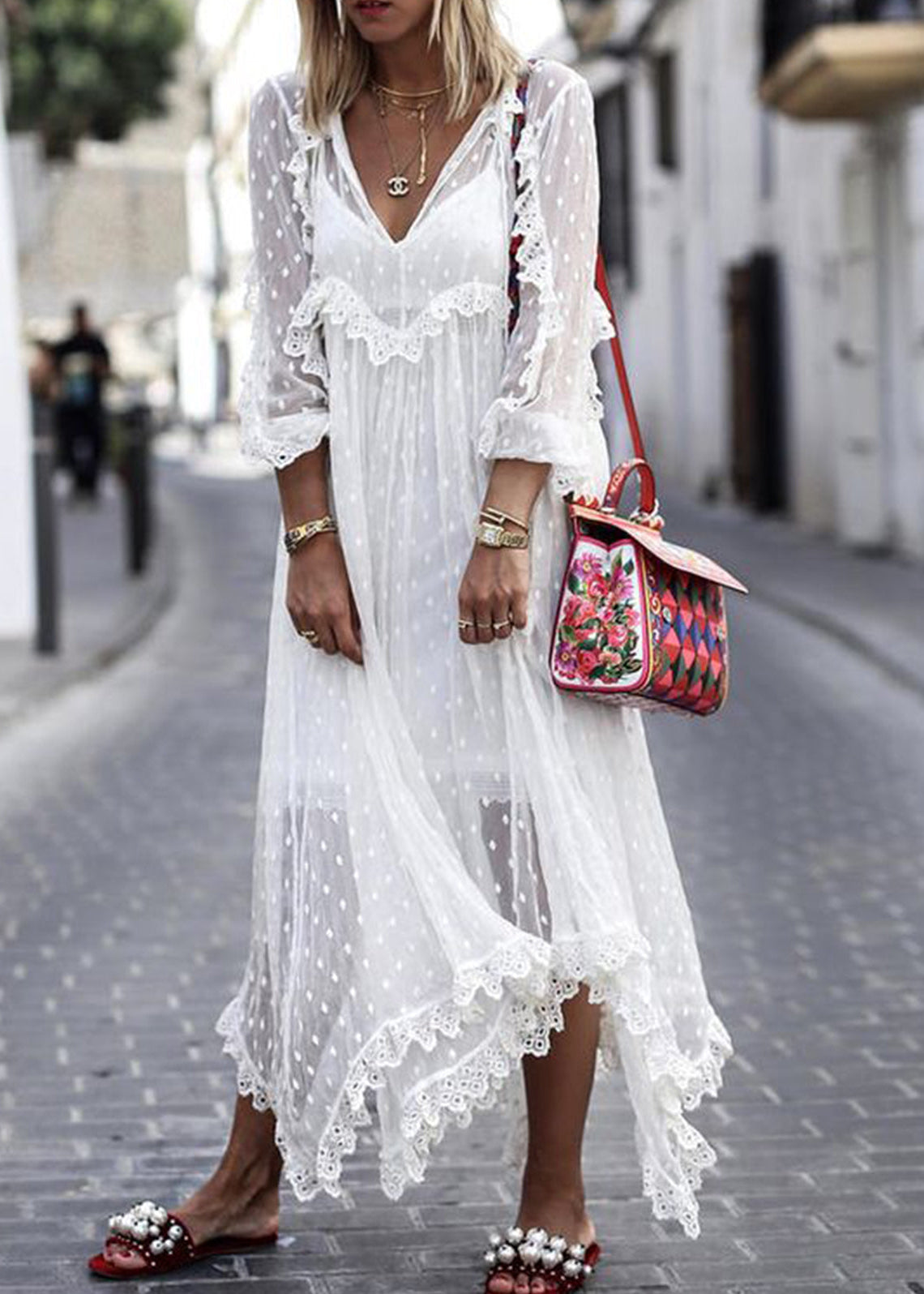 White Jacquard Polka Dot See-through Maxi Dress Long Sleeve - Seldom Seen Styles
