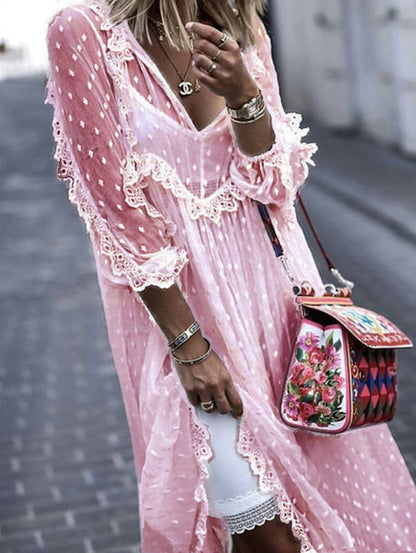 Robe longue maxi blanche à manches longues et pois en jacquard transparent