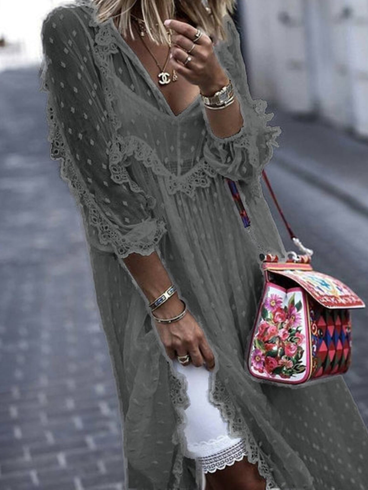 White Jacquard Polka Dot See-through Maxi Dress Long Sleeve - Seldom Seen Styles
