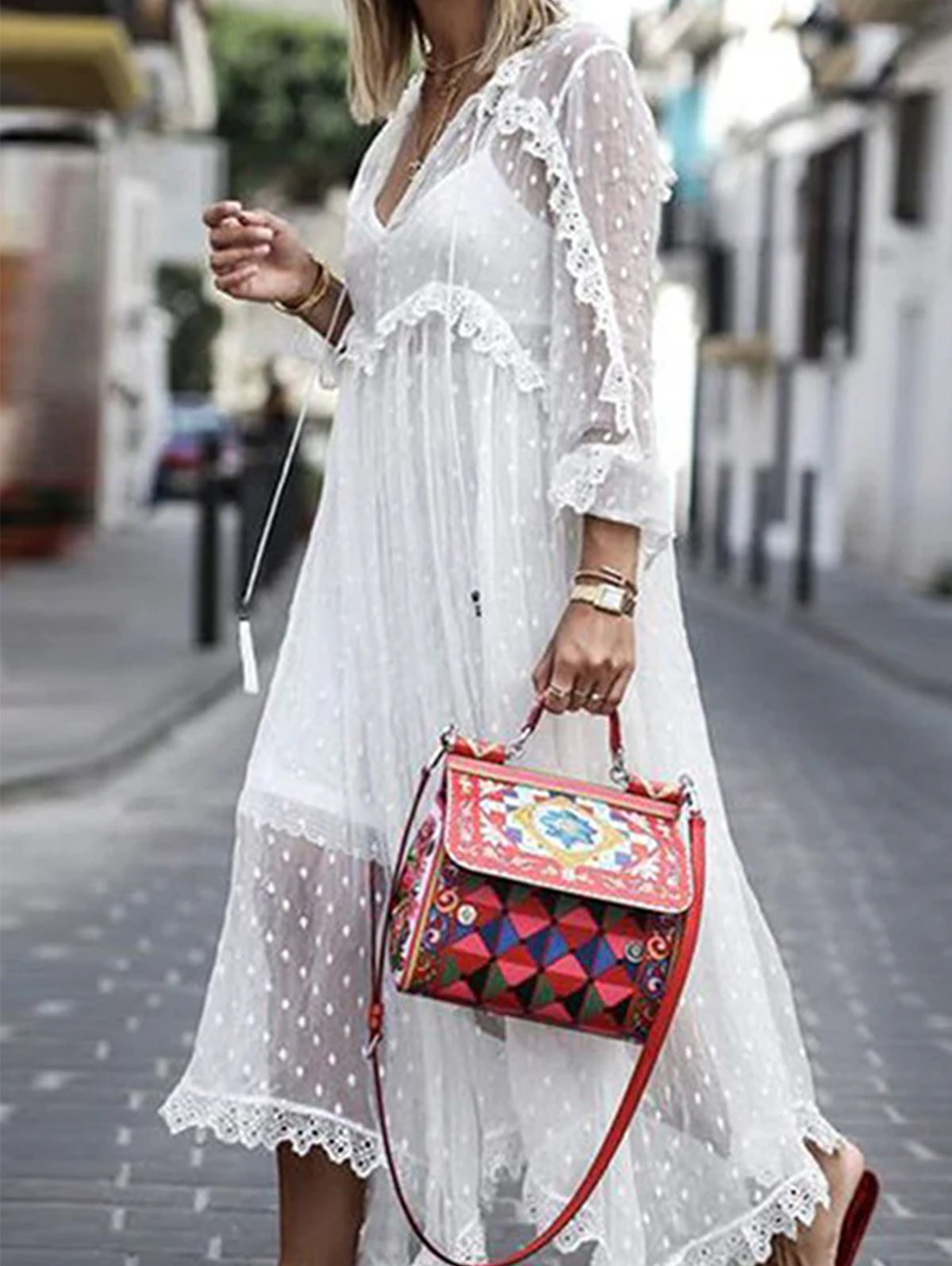 White Jacquard Polka Dot See-through Maxi Dress Long Sleeve - Seldom Seen Styles