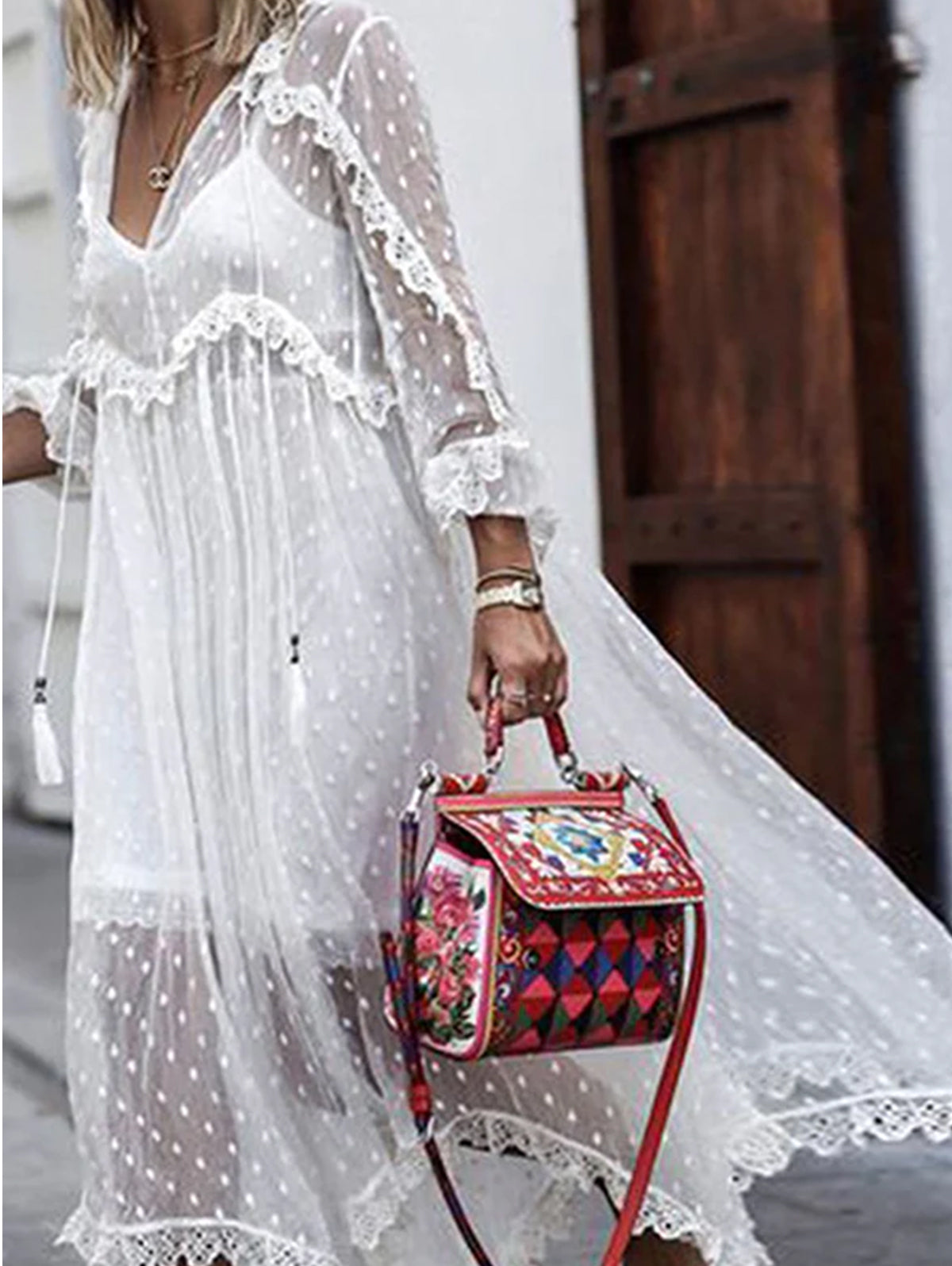 White Jacquard Polka Dot See-through Maxi Dress Long Sleeve - Seldom Seen Styles