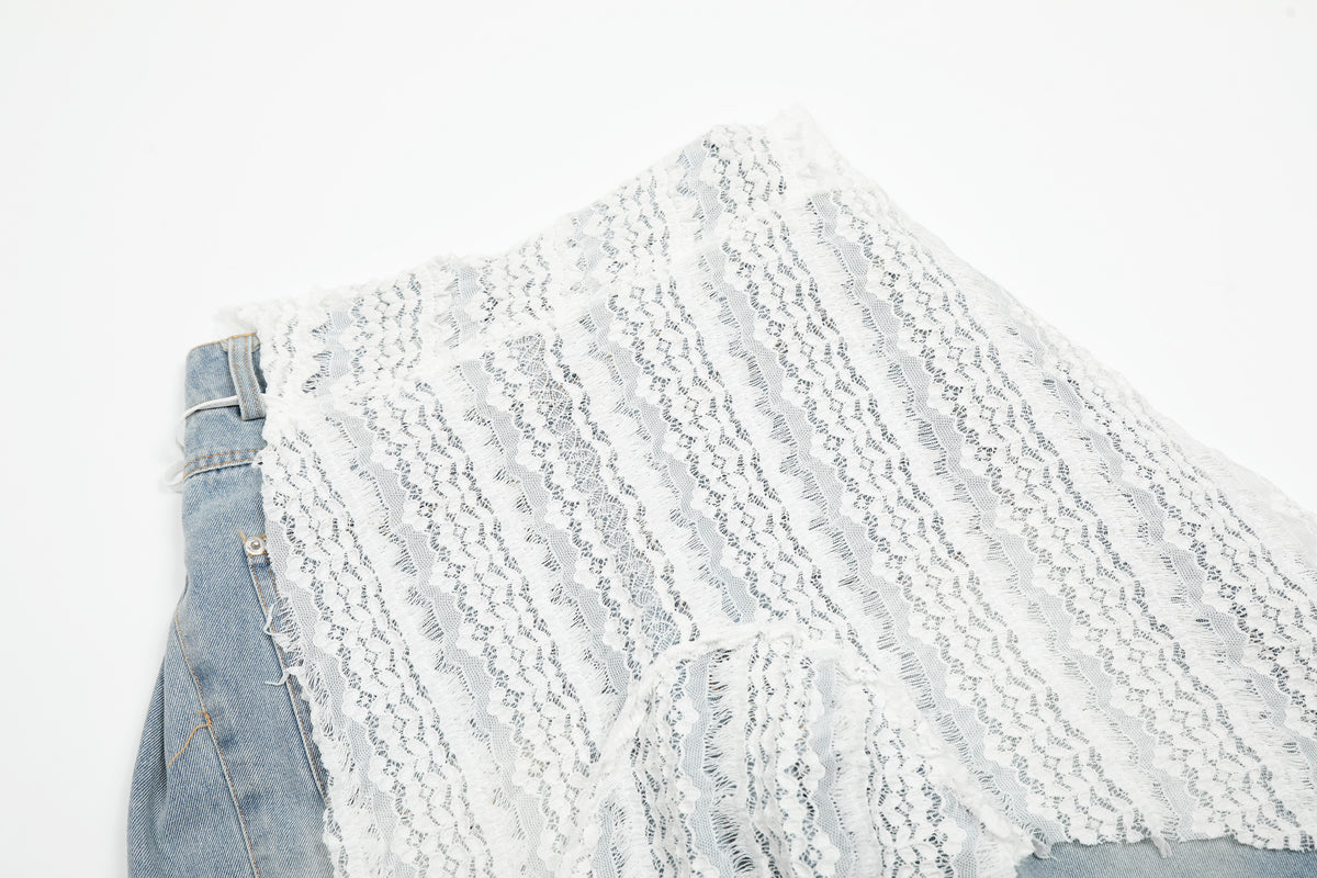 White Lace Crochet Patchwork Wide Leg Jeans Asymmetric Tie Waist Light Wash Denim Romantic Y2K - Seldom Seen Styles