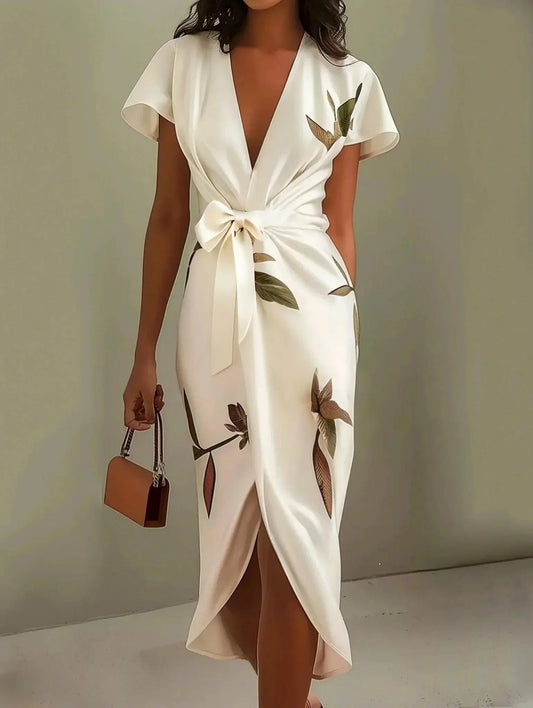 White Leaf Short Sleeve Satin Wrap Sheath Midi Dress - Seldom Seen Styles
