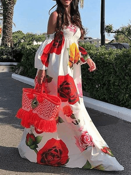 White Rose Floral Strapless Off Shoulder Sleeve Big Hem Long Dress - Seldom Seen Styles