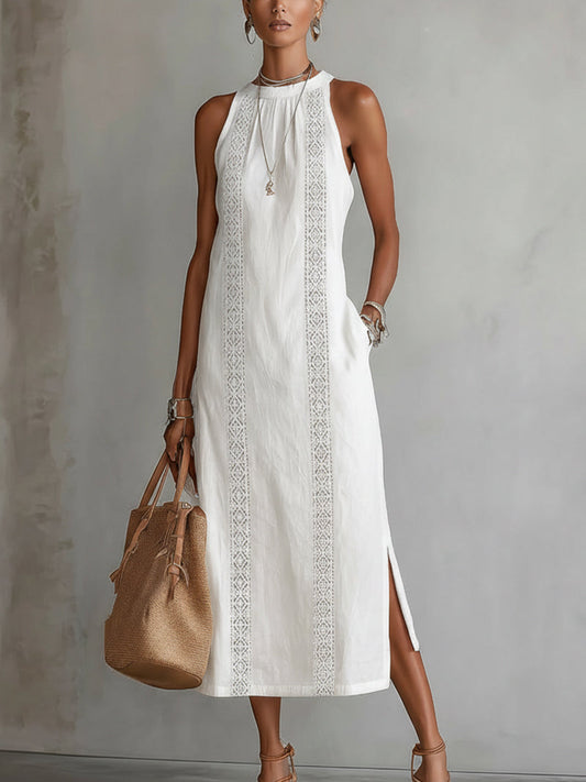 White Sleeveless Linen Midi Dress With Lace Insets And Side Slit - Seldom Seen Styles