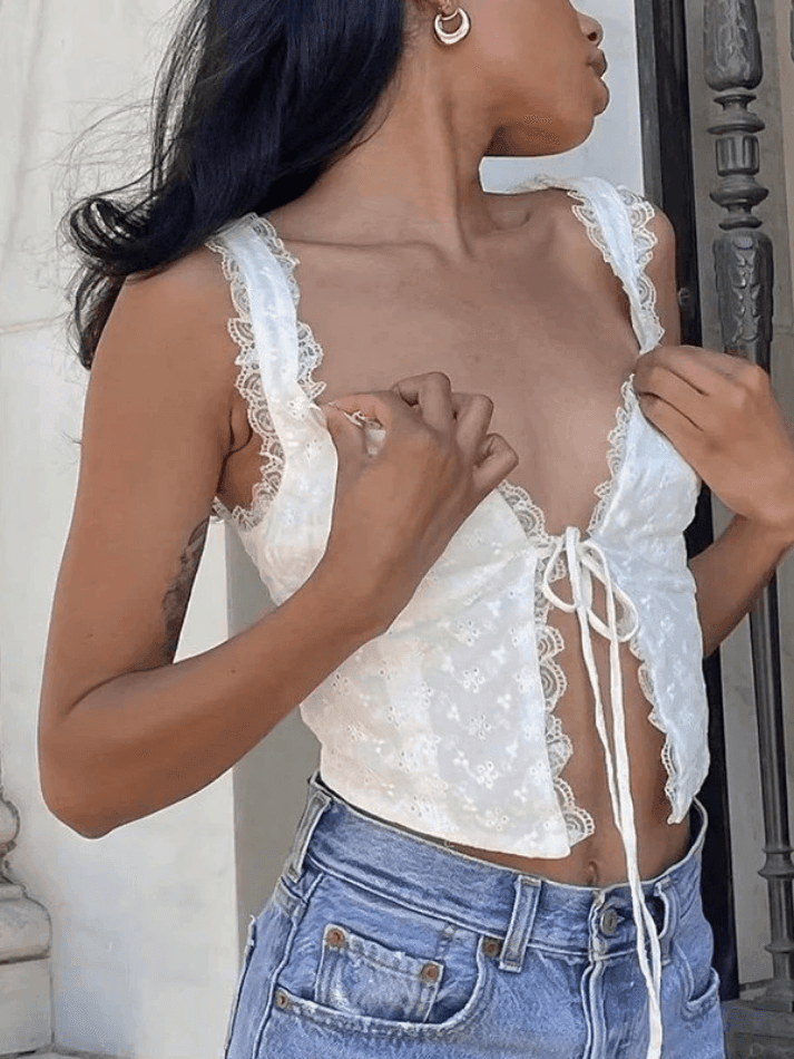 White Tie Front Lace Cropped Tank Top - Seldom Seen Styles