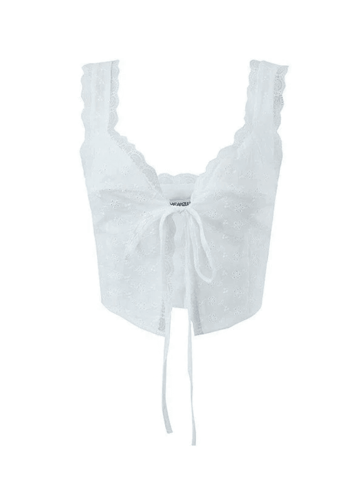 White Tie Front Lace Cropped Tank Top - Seldom Seen Styles