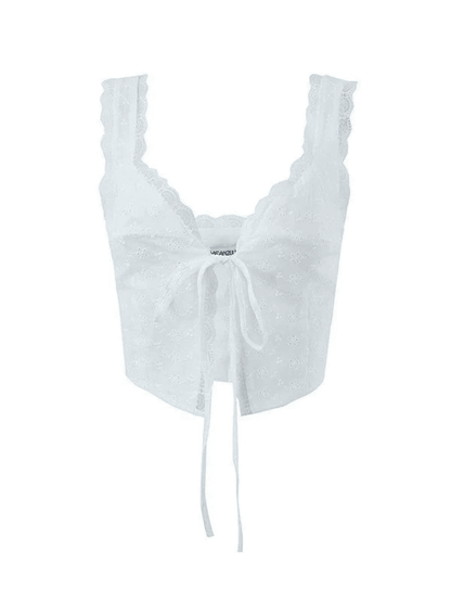 Weißes bauchfreies Tanktop mit Schnürung vorne und Spitze