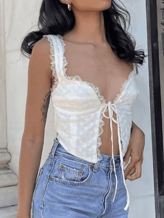 White Tie Front Lace Cropped Tank Top - Seldom Seen Styles