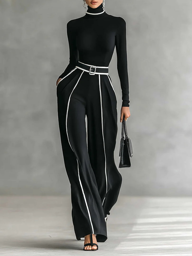 White Trim High-neck Long-sleeved Top With Wide-leg Pants and Belt Set - Seldom Seen Styles