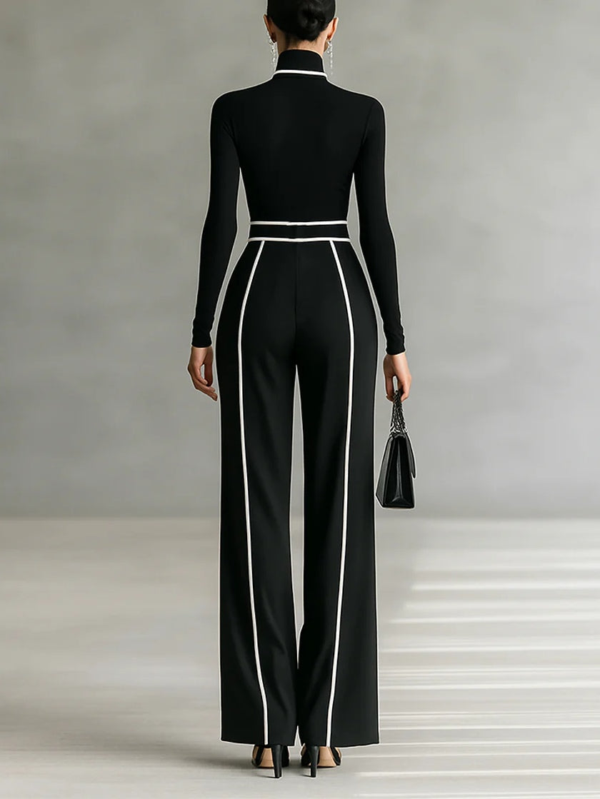 White Trim High-neck Long-sleeved Top With Wide-leg Pants and Belt Set - Seldom Seen Styles
