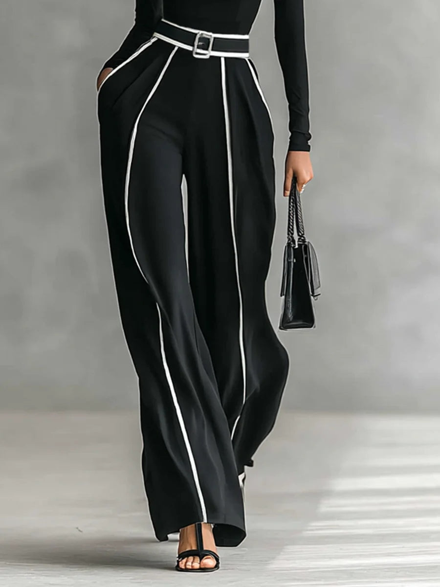 White Trim High-neck Long-sleeved Top With Wide-leg Pants and Belt Set - Seldom Seen Styles