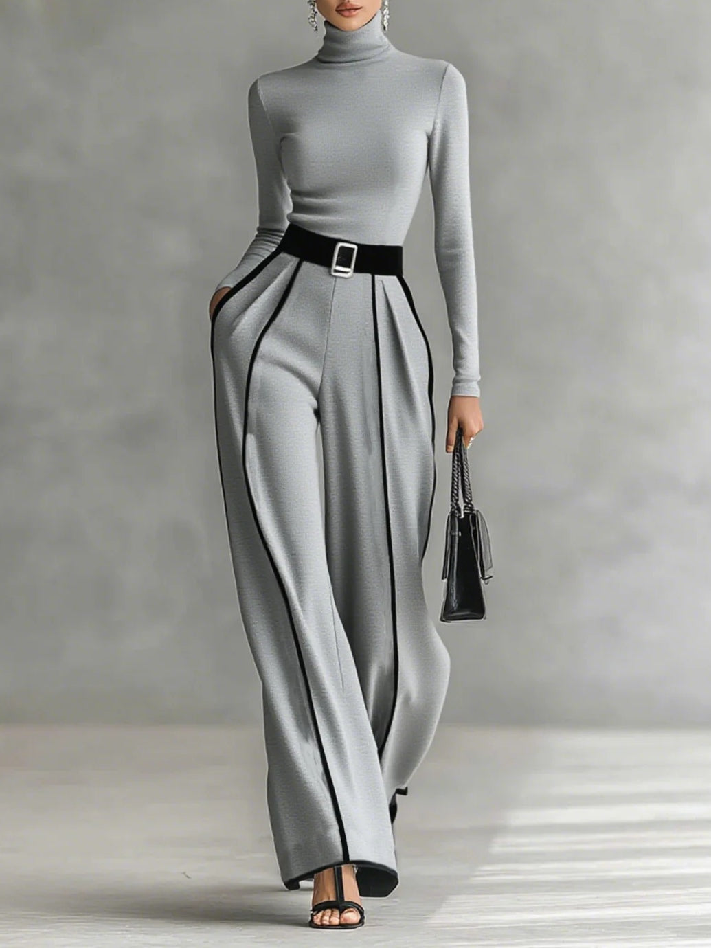 White Trim High-neck Long-sleeved Top With Wide-leg Pants and Belt Set - Seldom Seen Styles