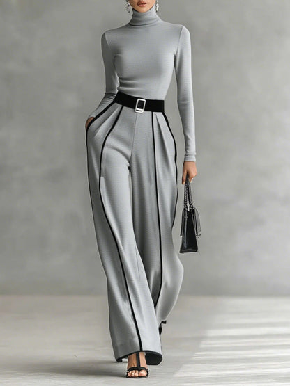 Ensemble pantalon large et ceinture avec haut à manches longues col montant à liseré blanc