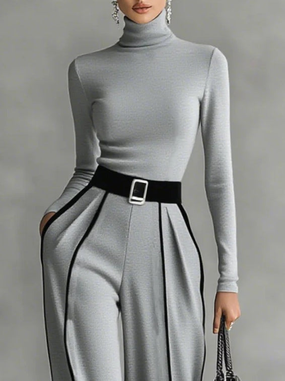 White Trim High-neck Long-sleeved Top With Wide-leg Pants and Belt Set - Seldom Seen Styles