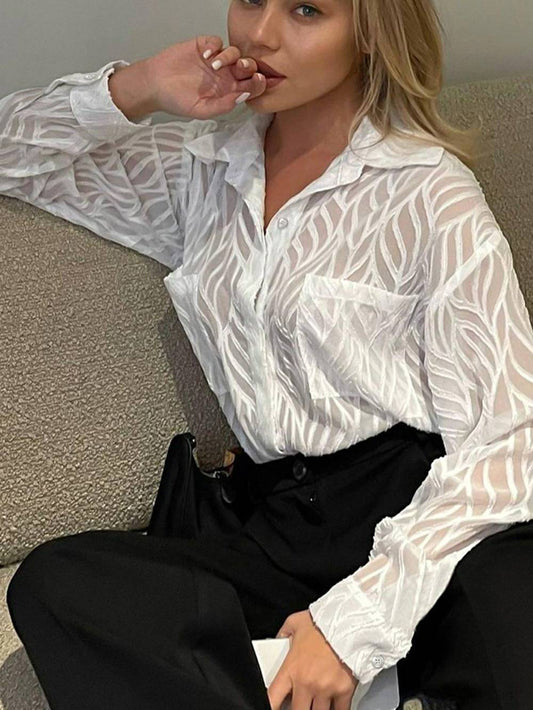 White Women Blouses Thin Lapel Elegant Long Sleeve Shirts - Seldom Seen Styles