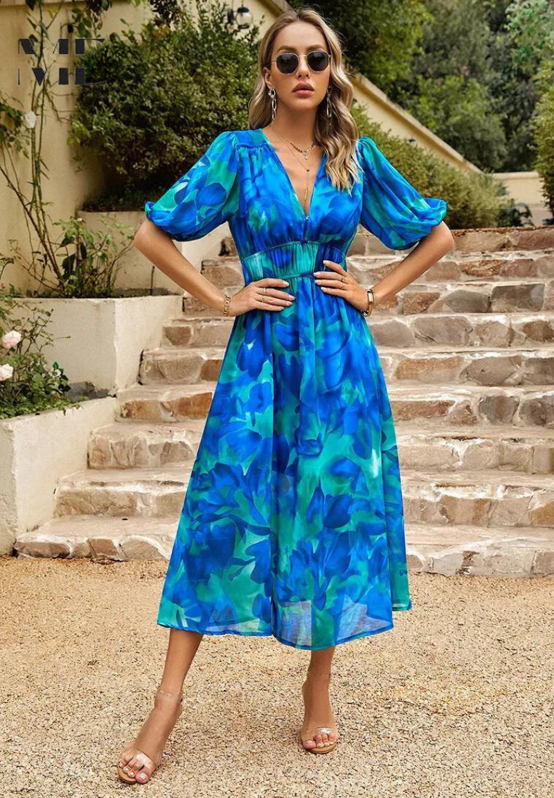 Women's Multicolor Floral Midi Dress Half Puff Sleeve V Neck Flowy Summer Boho Dress - Seldom Seen Styles