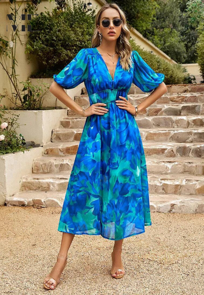 Women's Multicolor Floral Midi Dress Half Puff Sleeve V Neck Flowy Summer Boho Dress