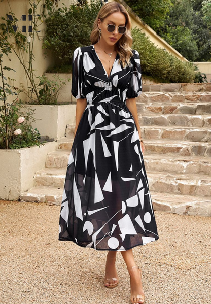 Women's Multicolor Floral Midi Dress Half Puff Sleeve V Neck Flowy Summer Boho Dress